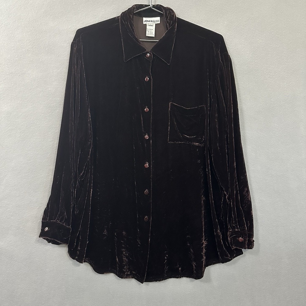 Vtg Crushed Velvet Long Sleeve Button Up Top Chocolate Brown Women L Silk Rayon